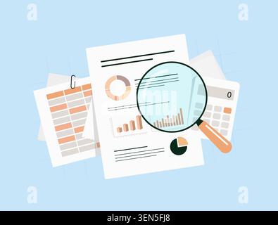 Audit financier et revue comptable avec calculs budgétaires, rapports d'entreprise et analyse de performance. Examinez les données financières, vérifiez les enregistrements et générez des illustrations vectorielles d'informations d'audit. Illustration de Vecteur