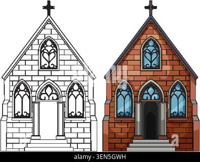 Illustration vectorielle de la façade de l'église gothique dans les versions colorées et de contour avec vitraux Illustration de Vecteur