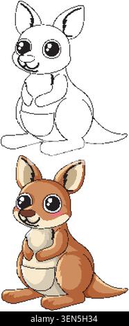 Un kangourou de dessin animé brun et sa version de contour noir et blanc pour les activités de coloriage Illustration de Vecteur