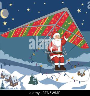 Illustration vectorielle de Noël du Père Noël glissant au-dessus d'un village d'hiver enneigé la nuit. Illustration de Vecteur