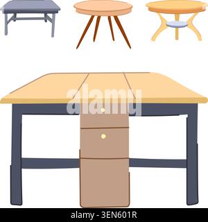 Collection de tables modernes pour la maison ou le lieu de travail, y compris diverses formes comme rectangulaire et ronde, présentant différentes options de conception pour fu Illustration de Vecteur
