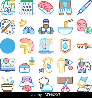Collection d'icônes illustrant un large éventail d'activités, y compris l'art, la science, l'éducation, les voyages, la nourriture, technologie, soins médicaux et per Illustration de Vecteur