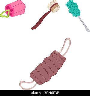Assortiment d'accessoires de bain et de douche éponges, loofahs, brosses et gommages disposés à plat sur fond blanc pour illustrer les soins personnels, exf Illustration de Vecteur