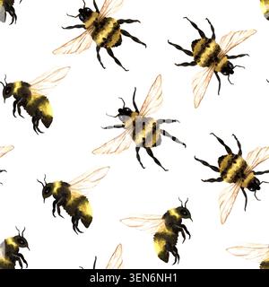 Aquarelle insectes volants bourdons sans couture motif, vue de dessus et de profil. Illustration dessinée à la main isolée de l'arrière-plan. Jaune et noir Banque D'Images