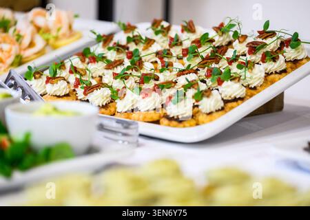 Un élégant plateau de restauration composé de petits canapés gastronomiques garnis de fromage à la crème fouettée, de noix de pécan et de délicats microverts. Le peu profond Banque D'Images