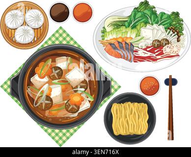 Illustration vectorielle de hot pot japonais, légumes frais, tofu, nouilles et sauces trempées au-dessus de la tête Illustration de Vecteur