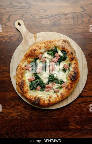Pizza artisanale avec fromage, boulettes de viande et herbes isolées. Lumière de studio, espace pour le texte, texture Banque D'Images