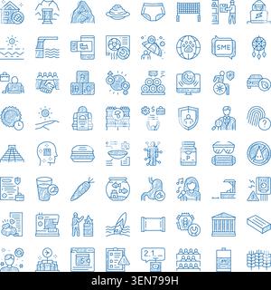 Collection de nombreuses petites icônes de contour bleu dessinées à la main sur un fond blanc. Symbolisant divers concepts. Objets. Et activités pour divers gr Illustration de Vecteur