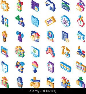 Collection d'icônes isométriques illustrant un large éventail de concepts modernes, y compris la technologie, la finance, la santé, l'écologie, l'industrie, communication, an Illustration de Vecteur