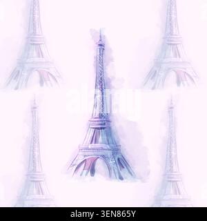 Fond de Paris rose sans couture avec aquarelle Tour Eiffel et éléments décoratifs romantiques. Motif français féminin Banque D'Images