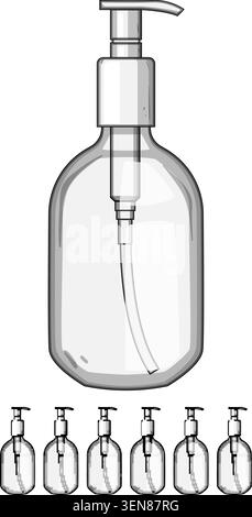 Illustration de bouteille de distributeur à pompe transparente vide pour savon liquide, gel désinfectant, lotion ou hydratant sur fond blanc, symbolisant Cleanl Illustration de Vecteur