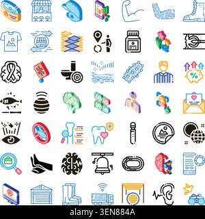 Ensemble d'icônes isométriques et d'art au trait assorties représentant un large éventail de sujets, y compris la santé, la technologie, la finance, les affaires, la nourriture, nature, et hu Illustration de Vecteur