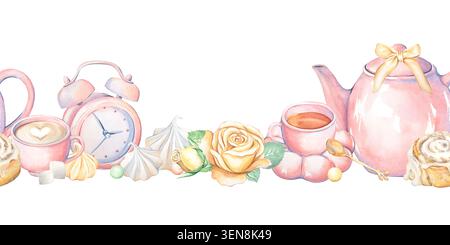 Une bordure aquarelle sans couture avec un thé. Un service à thé de couleur pastel dessiné à la main dans un style coquettiste. Réveil isolé, meringue, rose Banque D'Images