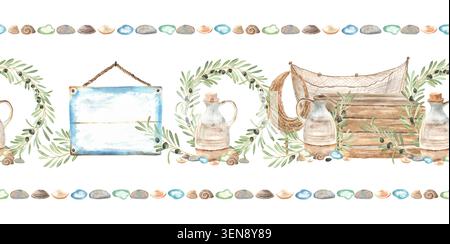 Frontière sans couture avec des coquilles d'aquarelle marines et méditerranéennes, verre de mer, olives, cruche, signe, caisse, filet de pêche. Style côtier méditerranéen. Pour de Banque D'Images