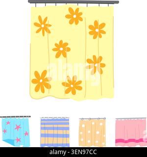 Collection de rideaux de douche colorés avec divers motifs, y compris floral, étoiles, rayures et pois, créer un interi domestique lumineux Illustration de Vecteur