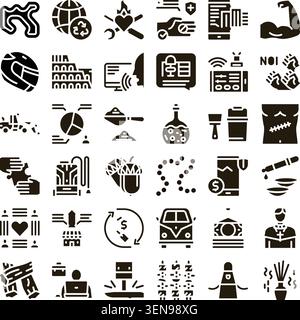 Collection d'icônes de glyphe monochromes représentant divers concepts tels que le recyclage, la santé, la sécurité, les médias, la finance, religion, procédures médicales, construcc Illustration de Vecteur