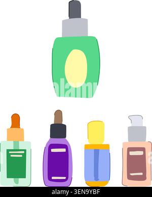 Bouteilles de produits cosmétiques affichant divers designs et couleurs pour l'emballage de beauté et de soins personnels, créant une esthétique propre pour la marque et mar Illustration de Vecteur