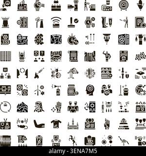 Collection d'icônes de glyphes minimaux illustrant les concepts modernes dans les domaines des affaires, de la construction, de la technologie, de l'éducation, de la santé, agriculture, et divers Illustration de Vecteur