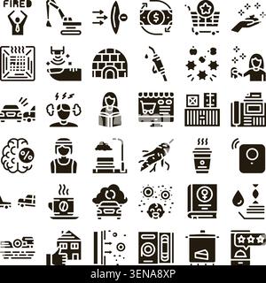 Collection d'icônes monochromes de glyphes représentant divers concepts de l'emploi et de la finance au transport, à l'éducation, à la technologie et à la santé, IDEA Illustration de Vecteur