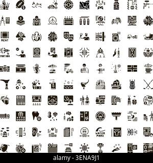 Grande grille affichant une collection diversifiée d'icônes de glyphe monochromes, représentant diverses affaires, technologie, voyage, médical, et la vie quotidienne co Illustration de Vecteur