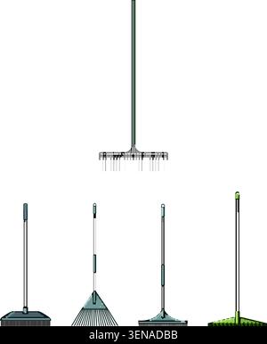 Collection diversifiée d'outils de nettoyage ménager, y compris des balais, des brosses et un râteau, debout verticalement sur un fond blanc, utile pour divers TI Illustration de Vecteur
