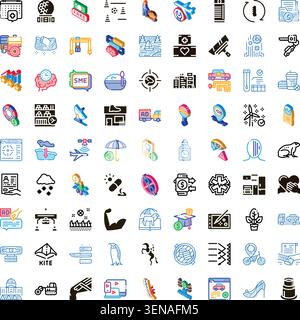 Grande collection de diverses icônes isométriques illustrant un large éventail de catégories, y compris la technologie, la finance, la santé, les transports, l'éducation, Illustration de Vecteur