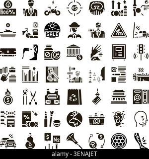 Collection d'icônes de glyphe monochromes représentant divers concepts, y compris les affaires, la finance, l'écologie, la santé, les transports, éducation et style de vie pour Illustration de Vecteur