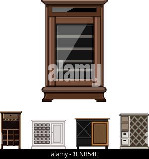 Collection variée de modèles d'armoires à vin, y compris une grande glacière et divers supports, présentant des options d'ameublement polyvalentes pour boissons stora Illustration de Vecteur