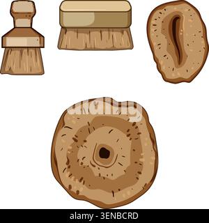 Les laveurs de vaisselle en fibre de noix de coco naturelle, les brosses à légumes et les éponges offrent une alternative écologique pour un nettoyage de cuisine durable et zéro déchet Illustration de Vecteur