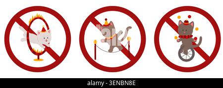 Collection vectorielle de signes d'interdiction représentant des chats de cirque. L'utilisation d'animaux dans le cirque est interdite. Collection de bannières d'interdiction pour autocollants. Illustration de Vecteur