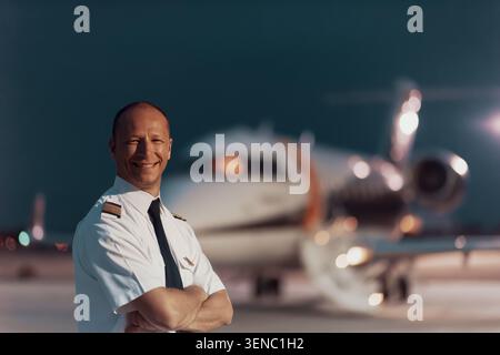 Pilote de ligne homme confiant en uniforme blanc debout avec les bras croisés sur le tarmac de l'aéroport pendant l'heure dorée avec l'avion flou en arrière-plan Banque D'Images