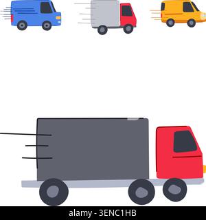 Véhicules se déplaçant pour le transport rapide, illustrant la livraison mondiale, l'expédition et les services de fret avec différents camions et fourgonnettes sur un dos blanc Illustration de Vecteur