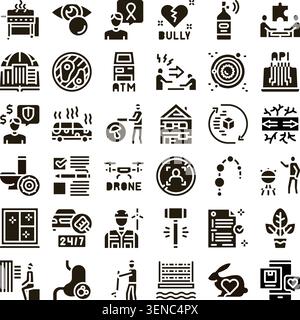 Collection d'icônes de glyphe monochromes représentant divers scénarios de la vie quotidienne, concepts d'affaires, préoccupations de santé, utilisations de la technologie et environnement Illustration de Vecteur