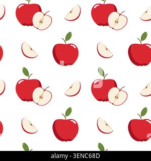 Modèle sans couture de pommes rouges entières, de moitiés et de tranches avec des feuilles vertes sur fond blanc, conception de fruits frais et colorés pour les textiles Illustration de Vecteur