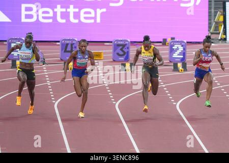 Melissa Jefferson-Wooden (USA, or), Julien Alfred (LCA, bronze), Shericka Jackson (JAM). 100m final. Championnats du monde d'athlétisme, Tokyo 2025. Banque D'Images
