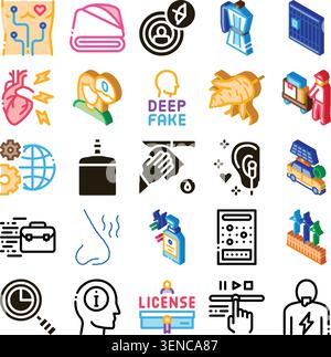 Ensemble de diverses icônes isométriques illustrant des concepts tels que la technologie deepfake, la santé médicale, les solutions énergétiques, la logistique, l'industrie, bien-être personnel Illustration de Vecteur