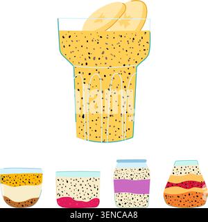 Collection de divers puddings de graines de chia dans différents récipients en verre et bocaux, avec des couches de fruits, de graines et de textures crémeuses, créant des nutriti Illustration de Vecteur