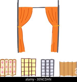 Divers séparateurs de pièce décoratifs et rideaux de scène fournissant des solutions flexibles pour le cloisonnement, l'intimité et la création de zones distinctes pour les intérieurs, Illustration de Vecteur