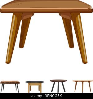 Meubles de table en bois créant divers concepts de conception pour la décoration intérieure, mettant en vedette différents styles, matériaux et formes pour l'espace de vie ele Illustration de Vecteur