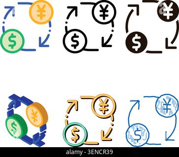 Devise argent Dollar Yen Vector Thin Modern Line icône. Transaction d'argent en ligne, opération de paiement bancaire par Internet financière pictogramme linéaire. Dolla Illustration de Vecteur