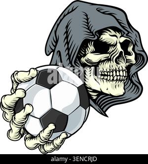 Une faucheuse sinistre ou une équipe sportive de squelette de mort ou une mascotte d'Halloween tenant un ballon de football Illustration de Vecteur