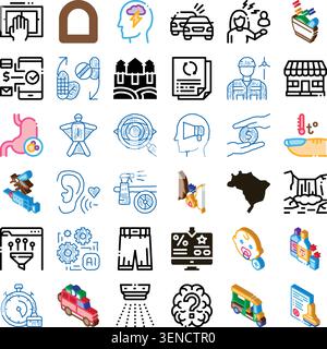 Collection diversifiée d'icônes linéaires et isométriques illustrant des concepts liés à la médecine, la sécurité, la technologie, les finances, les voyages, éducation, affaires, an Illustration de Vecteur