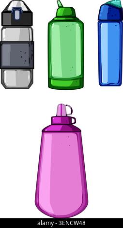 Assortiment de bouteilles d'eau colorées soutenant les modes de vie actifs, la forme physique et la santé, favorisant une hydratation appropriée pour les activités quotidiennes et les sports sur Illustration de Vecteur
