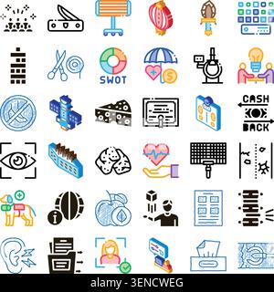 Ensemble d'icônes colorées de ligne vectorielle dessinées à la main et de style plat présentant un large éventail de concepts commerciaux, médicaux, technologiques, de style de vie et d'objets f Illustration de Vecteur