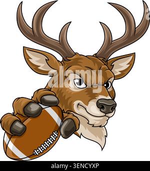 Cerf ou cerf de cœur avec bois mascotte de l'équipe sportive américaine de football personnage de dessin animé tenant un ballon. Illustration de Vecteur