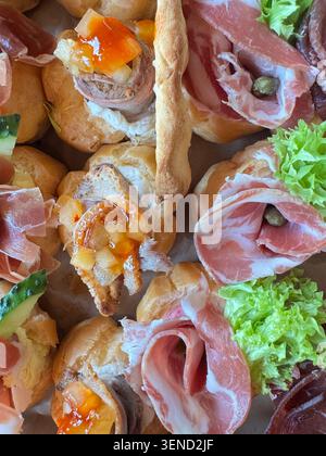 Vue de dessus détaillée du plateau de restauration haut de gamme avec assortiment de bouchées salées, hors-d'œuvre de poisson, canapés à viande et garnitures fraîches dans une présentation élégante Banque D'Images
