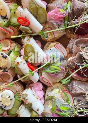 Vue de dessus de la sélection gastronomique de petits sandwichs, légumes marinés, fruits de mer et hors-d'œuvre de viande préparés pour un événement de restauration de luxe. Banque D'Images