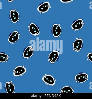 Motif sans couture petit émoticône de tête de robot blanc avec des yeux bleus brillants et une bouche triste montrant la déception et la détresse émotionnelle, représentant Ar Illustration de Vecteur