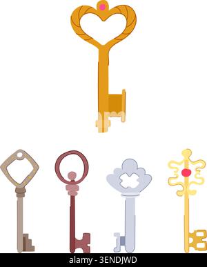 Touches décoratives de dessin animé plat avec divers styles antiques et formes symboliques, parfaites pour les concepts d'accès, de sécurité, de découverte et de ventilateur Illustration de Vecteur