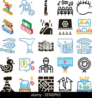 Collection diversifiée d'icônes de concept abstrait illustrant divers thèmes, y compris les opérations commerciales, les transactions financières, les processus de construction Illustration de Vecteur